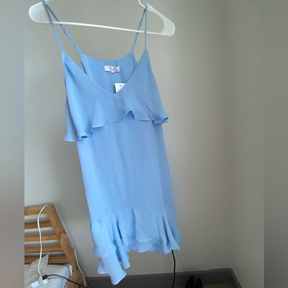 Parker Thatcher $288 Cold Shoulder Ruffled Mini Dress light Blue XS NWT - Picture 3 of 16